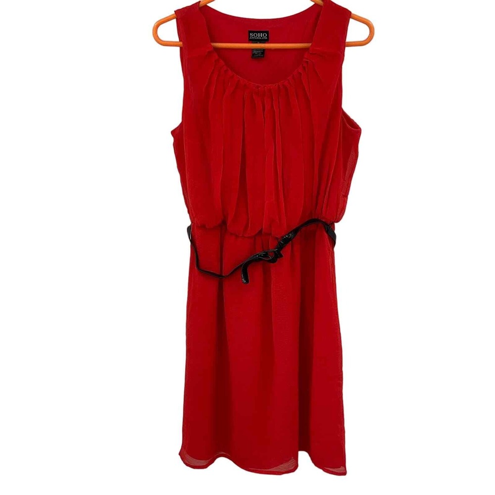 SOHO Apparel Ltd Red Sleeveless Pleated Neck Belted Chiffon Dress Size 12 P69 - Picture 2 of 6